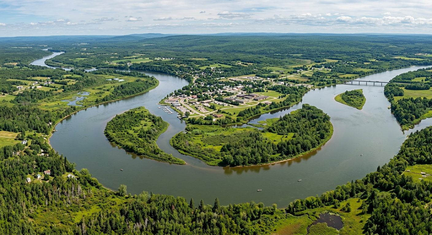 Scenic river bend with small town Aerial view of a winding river forming a large bend around a small town with green forests and fields